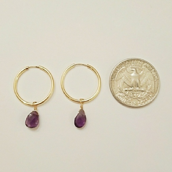 Purple stone drops earrings in gold plated hoops - Picture 2 of 2